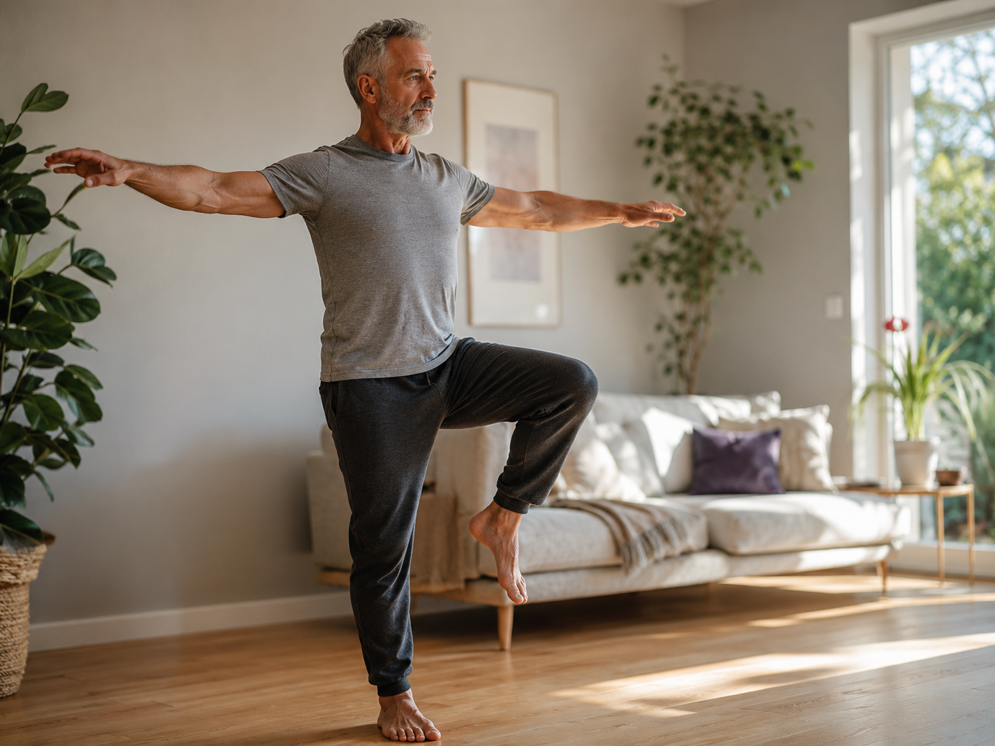 Active man performing balance exercise indoors
